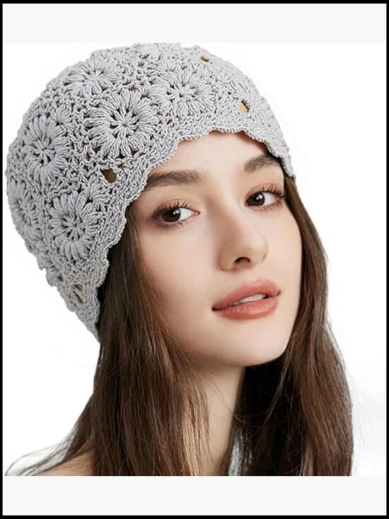 Crochet Beanie Hat Handmade Slouchy Skull Cap Knit Floral Openwork Summer main image 4
